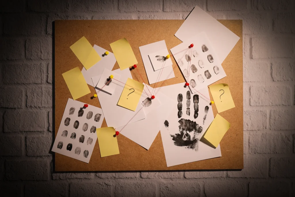 Tableau d’enquête avec empreintes, post-it et fils rouges pour une murder party
